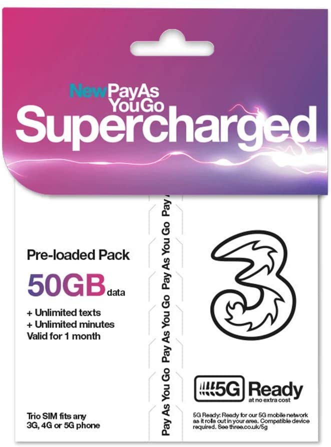 Three Mobile New £20 pack includes 50GB data with unlimited minutes and texts.